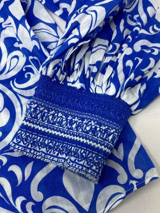 Alice + Olivia April Soiree True Blue Printed Cotton Blouse Large NWT $375 - Picture 7 of 12